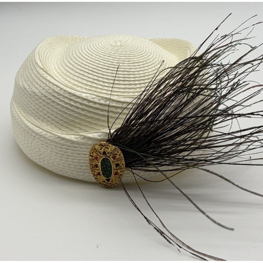 Mid Century Woven White Pillbox Cocktail Fascinator Hat Peacock Feather Brooch